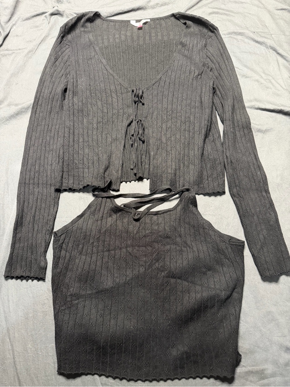 No Boundaries Black Ribbed Knit Tie-Front Cardigan & Tank Set - Picture 1 of 5
